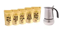 6-dielny SET Najvhodnejších káv na prípravu kávy na moka konvičke + 100 ml Moka Kitty Bialetti