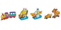 4-dielny SET: Drevené 3D vyfarbovacie puzzle (vláčik + loďka + parník + psík s mačičkou)