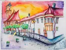 Tlačený print obrazu od slovenského umelca Daniela Benkiča "Pezinok - Stará radnica a Dolný kostol"
