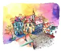 Tlačený print obrazu od slovenského umelca Daniela Benkiča "Tancujúce domčeky I."