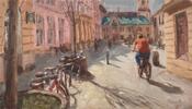 Olejomaľba slovenského umelca Michal Mach "Bicykle na Primaciálnom"